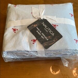 Nautica Twin XL Percale Sheet Set - Light Blue Stripe with Red Lobster Print